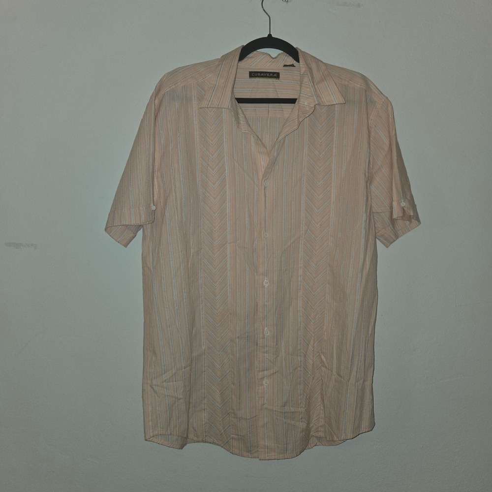 Cubavera Camp Shirt Peach Striped Short Sleeve Button Up Casual XL